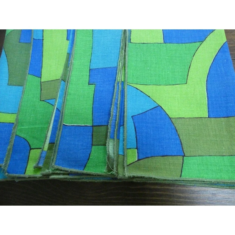 VTG Unbranded Abstract Geometric Print Cloth Napkins Green Blue Mod 16.5